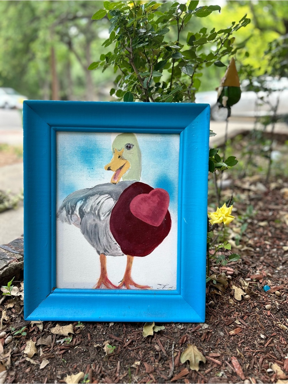 Whimsical Duck Painting in Bright Blue Frame